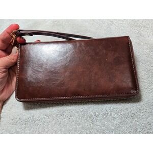 Chelmon Brown Leather Zip Around Wristlet Wallet Large Organizer Clutch 17 Slots